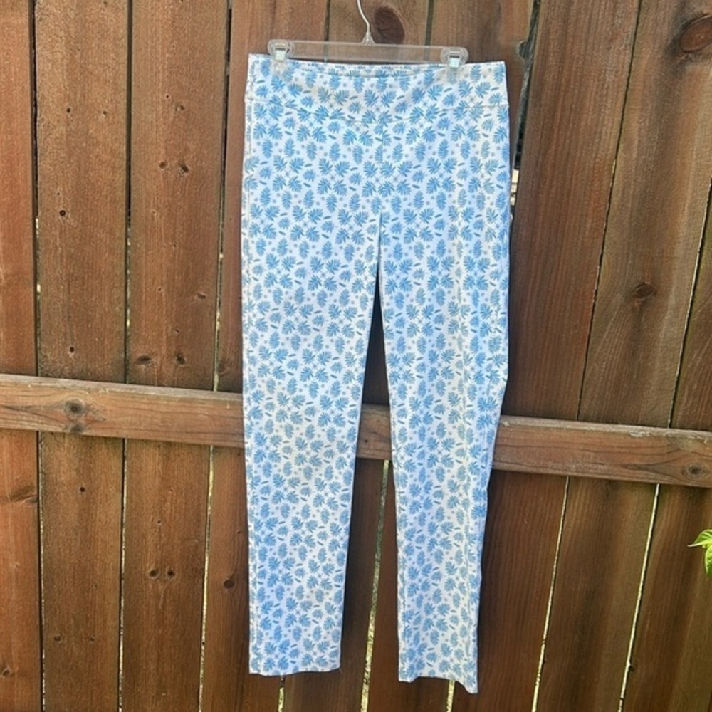 J. McLaughlin Leaf Print Straight Leg White Blue Pants Size 8